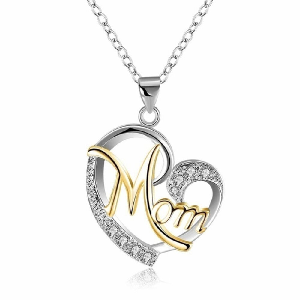 Silver/Gold Love Heart Mom Charm Pendant Chain Necklace‎ Great Gift Mother's Day